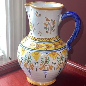 Mexican Talavera Small Hand Painted Pitcher 8” T, Signed JS, Talavera